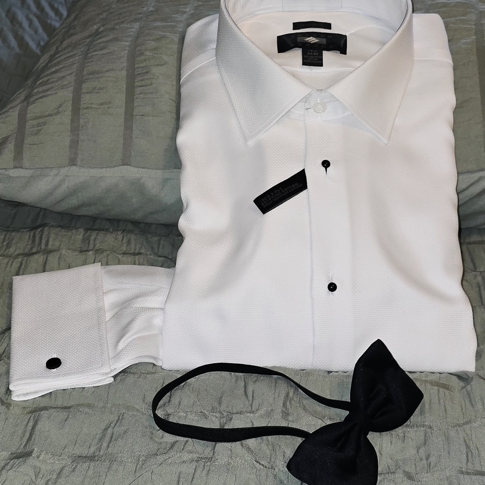 NWT Joseph Abboud Egyptian Cotton White Tuxedo/Dress Shirt with Black Bow Tie